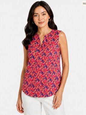 41 Hawthorn Pink Blue Abstract Sleeveless Blouse – V‑Neck Back Button Detail